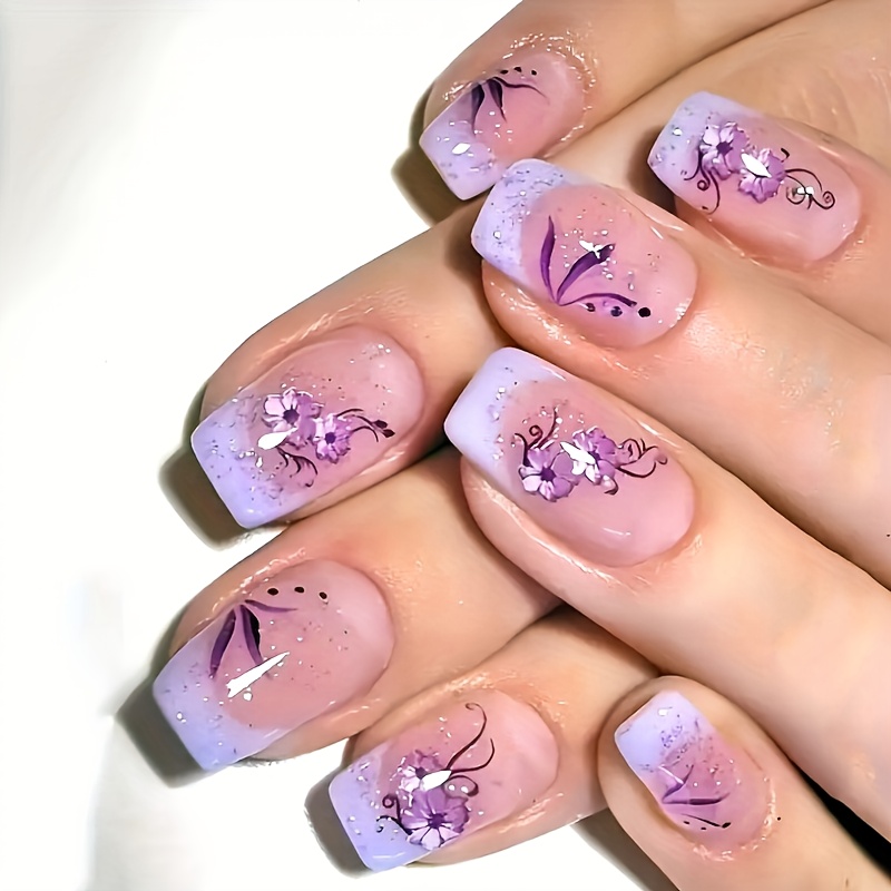 

24pcs Set Of Cute Patch Nails - Medium Square, Light Purple Gradient With French Pointed Tip, Effect - Hand And Foot Care
