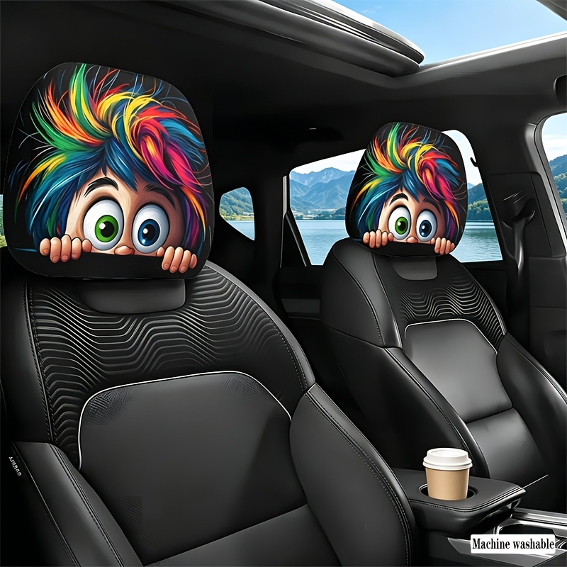 Image of 2pcs Colorful Spiky Big- Checkered Pattern Car Headrest Covers. Are Car Interior Decorations. Are Made Of Non-filled Material And Are And Clean. Suitable For Travel And Vitality And To
