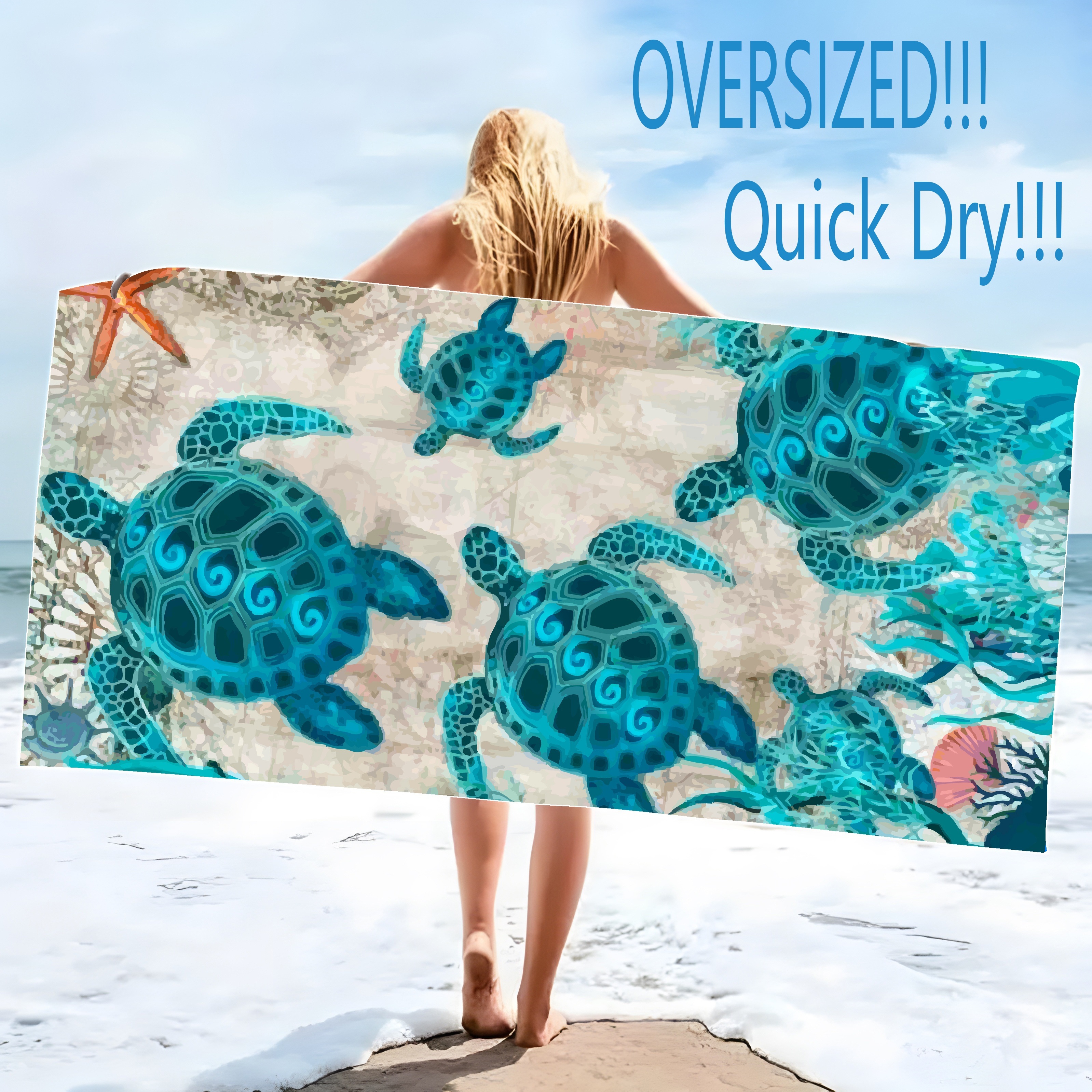 Oversized Microfiber Beach Towels Set With Cute Turtle And Star Print_voghion.com