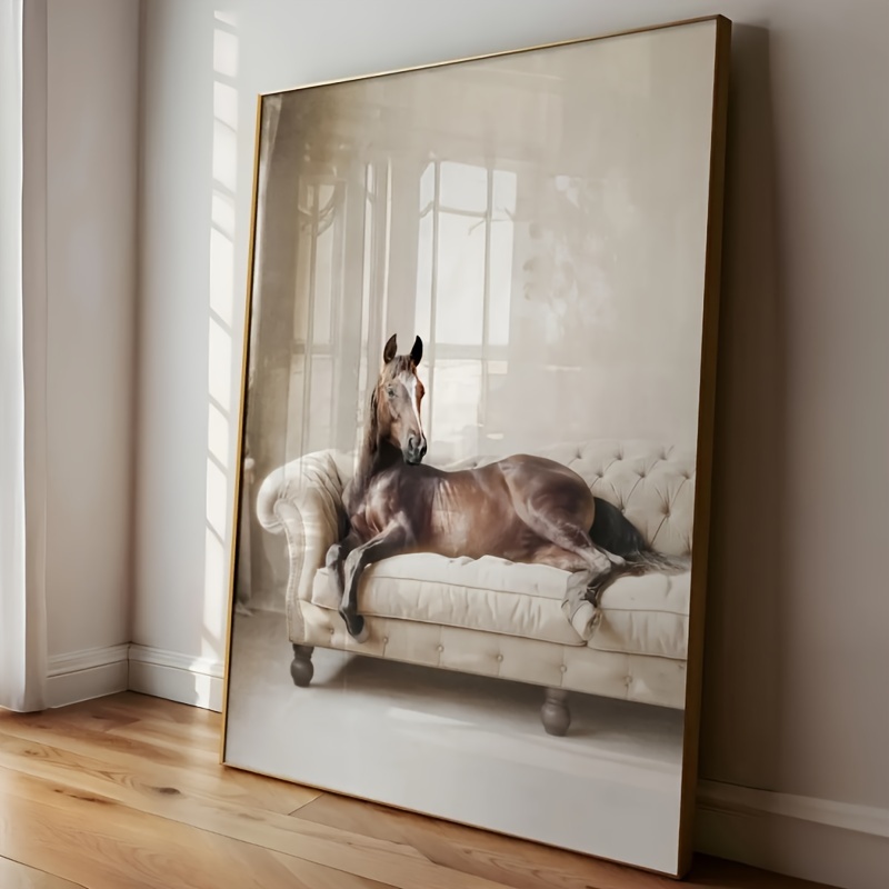 Image of Chic Horse Lounging On Sofa Canvas Art Print - Frameless Polyester Wall Decor For Living Room, Kitchen & Office - Perfect Christmas Gift, Room Decor