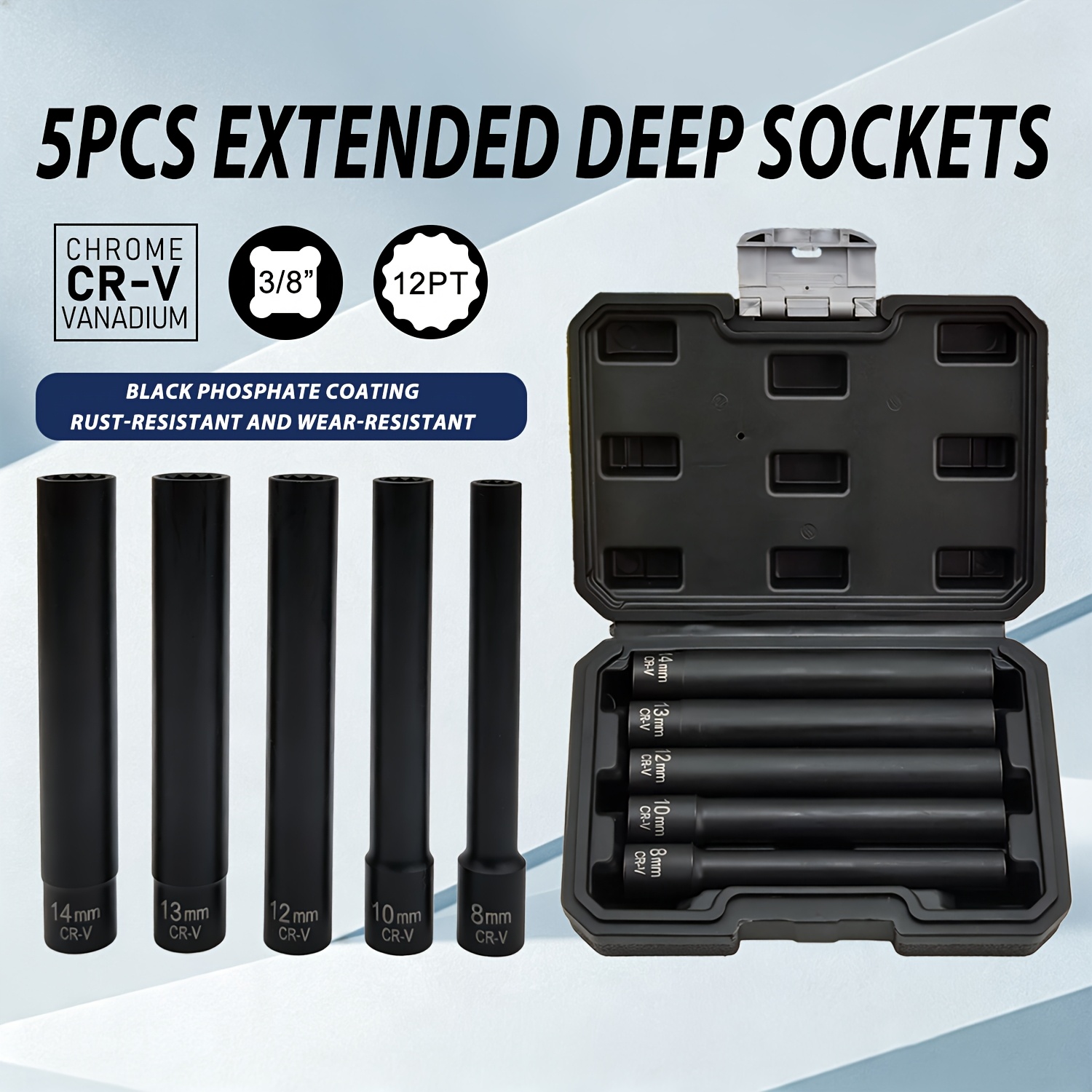 TEMU 5pcs Extra Long Deep Impact Socket Set, 3/8" Drive 8-14mm, 12pt, Black Phosphate Coating For Wear Resistance, Corrosion Resistance & Service