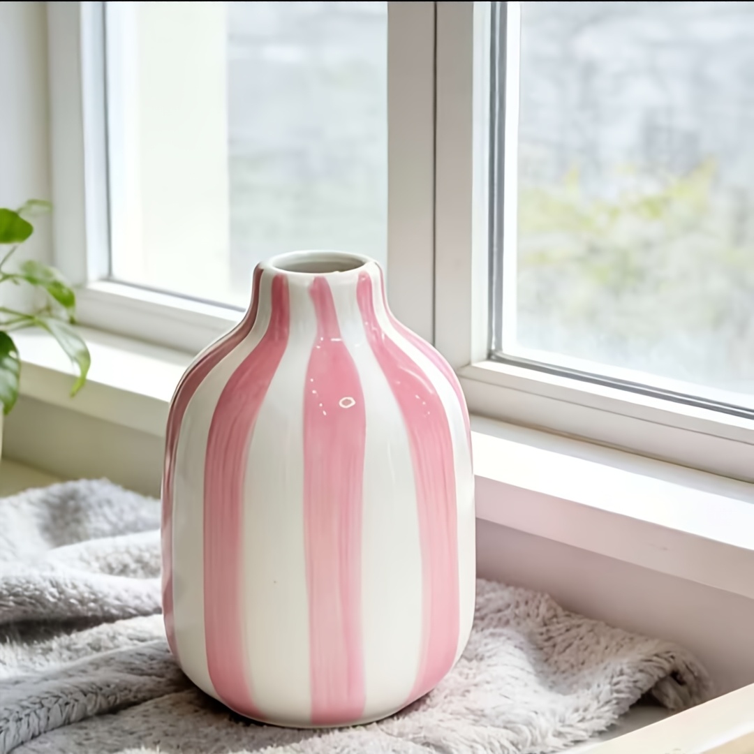 TEMU A Colorful Vertical Striped Ceramic Mini Vase (9.0cm High, 6.7cm Wide) With A Narrow Mouth Suitable For Inserting A Single Flower, Suitable For