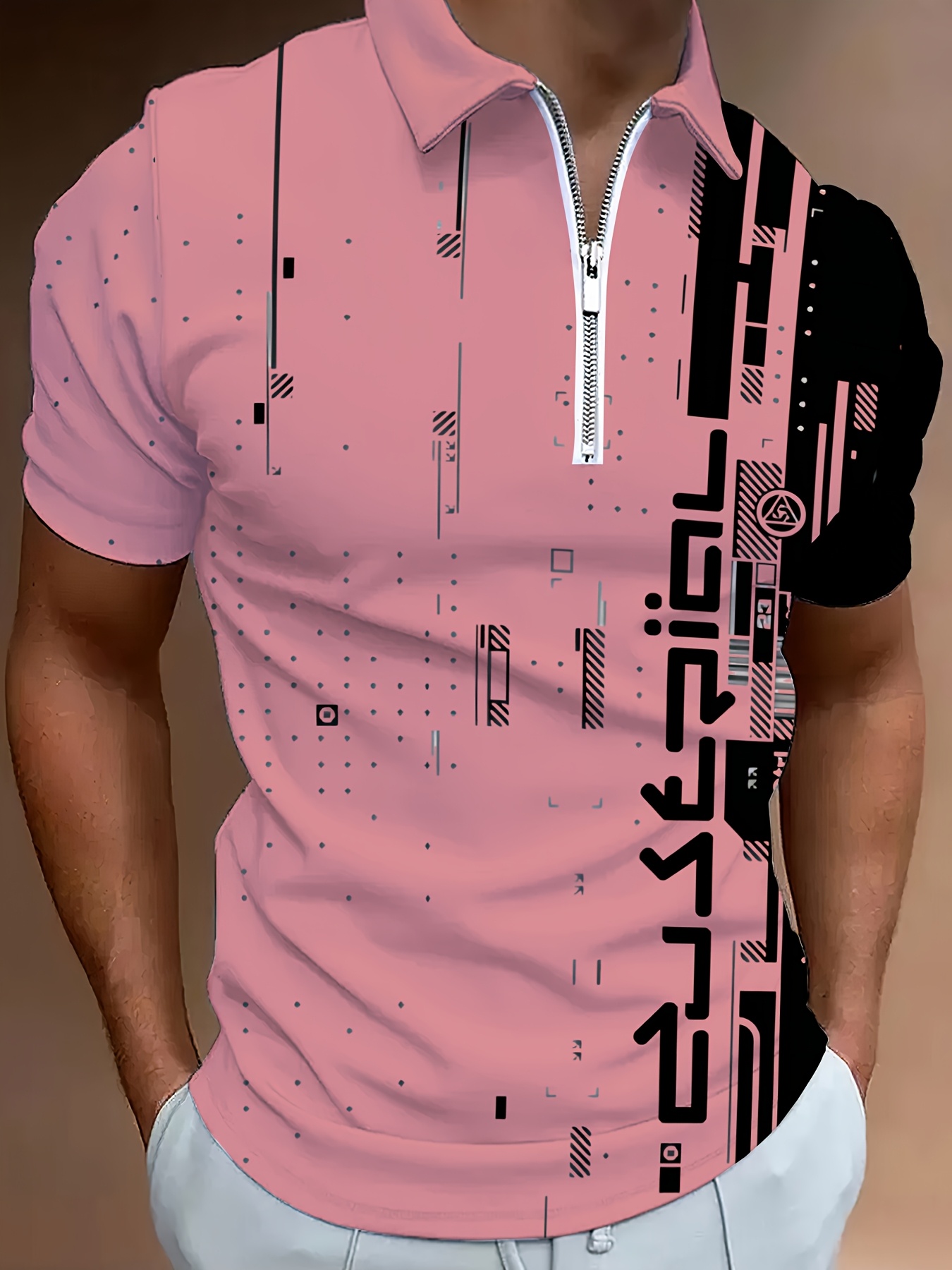 Men'S Plus Size Golf Shirt, Polo Shirt, Short Sleeve, Regular Fit, Fashionable Design, Blended Color, Casual Top with Zipper Detail