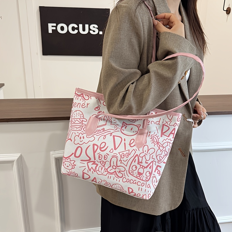 Fashion Graffiti Single-Shoulder Tote Bag for Women, New Spring Style, Large Capacity Commuter Underarm Handbag