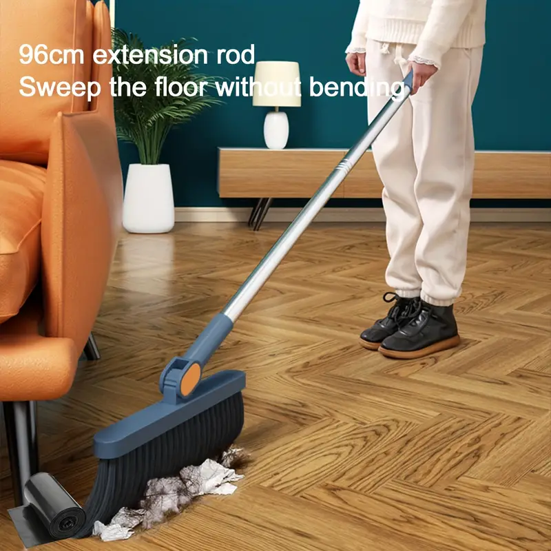 1-roll broom and dustpan combo set with garbage bags - heavy-duty plastic construction, long handle with ergonomic grip & upright stand for hard floors - heavy-duty sweeper and mop alternative for home, office, kitchen, dorm, rv, apartment - space-saving cleaning system with durable plastic broom and dustpan, ideal for hardwood, tile, floors - ideal for home, office, dorm, bathroom cleaning, broom for floor cleaning, retractable broom, broom with dustpan, mini broom, Product details 2