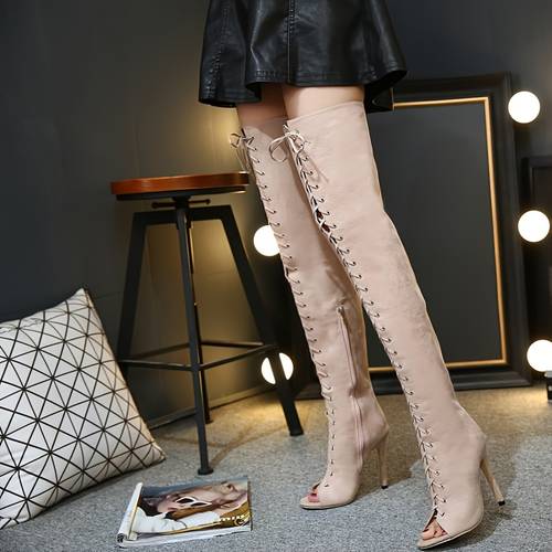 2025 fashionable knee high boots 12cm stiletto heels lace zipper closure round toe comfortable rubber sole wear and beige fashion boots stylish heels zipper closure boots