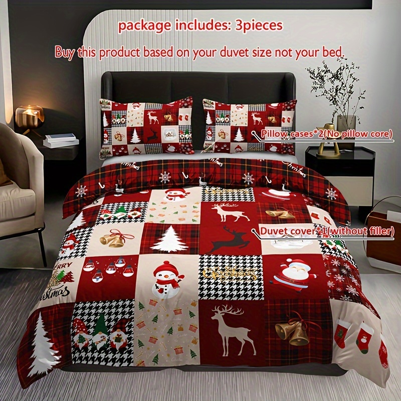 Image of 3pcs Christmas Reindeer & Duvet Cover Set - Includes 1 Duvet Cover And 2 Pillowcases, Breathable Polyester, Machine Washable - Perfect For , For Christmas, Winter, Christmas Present