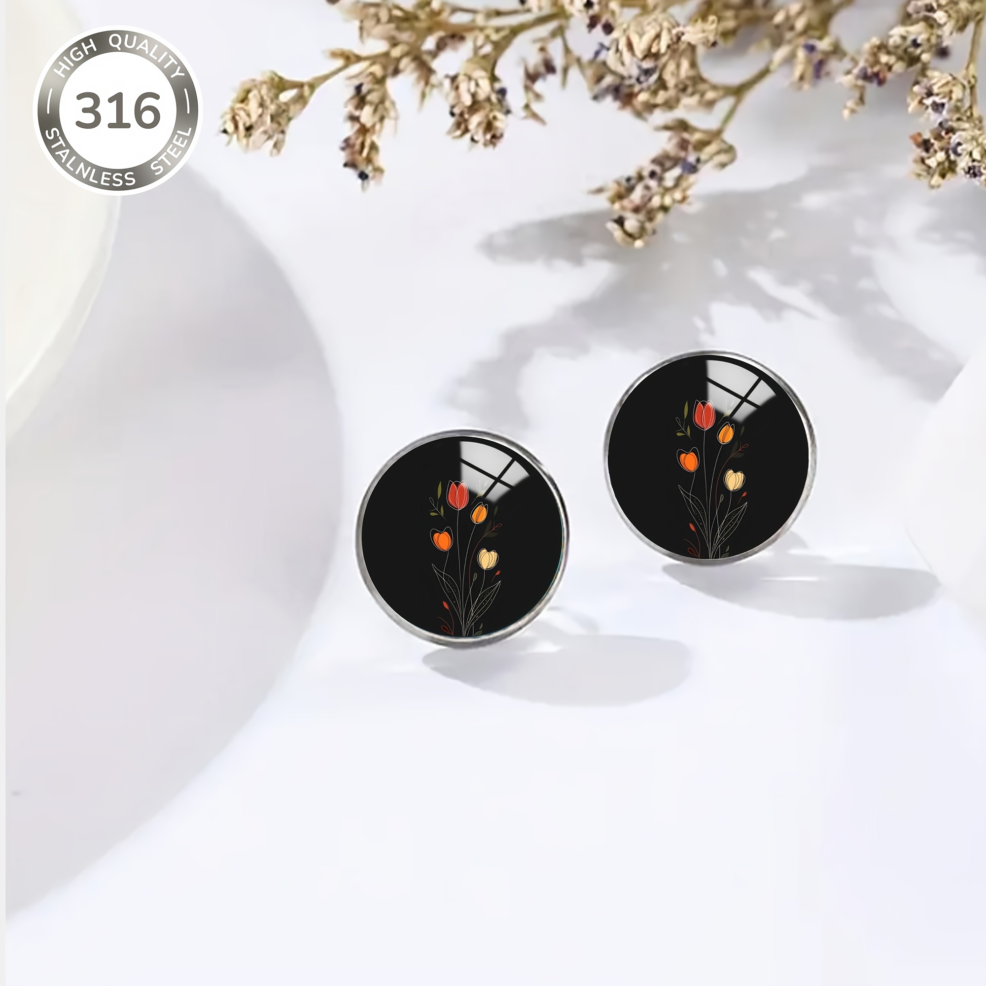 316 Stainless Steel Four-Tulip Pattern Stud Earrings, Unisex