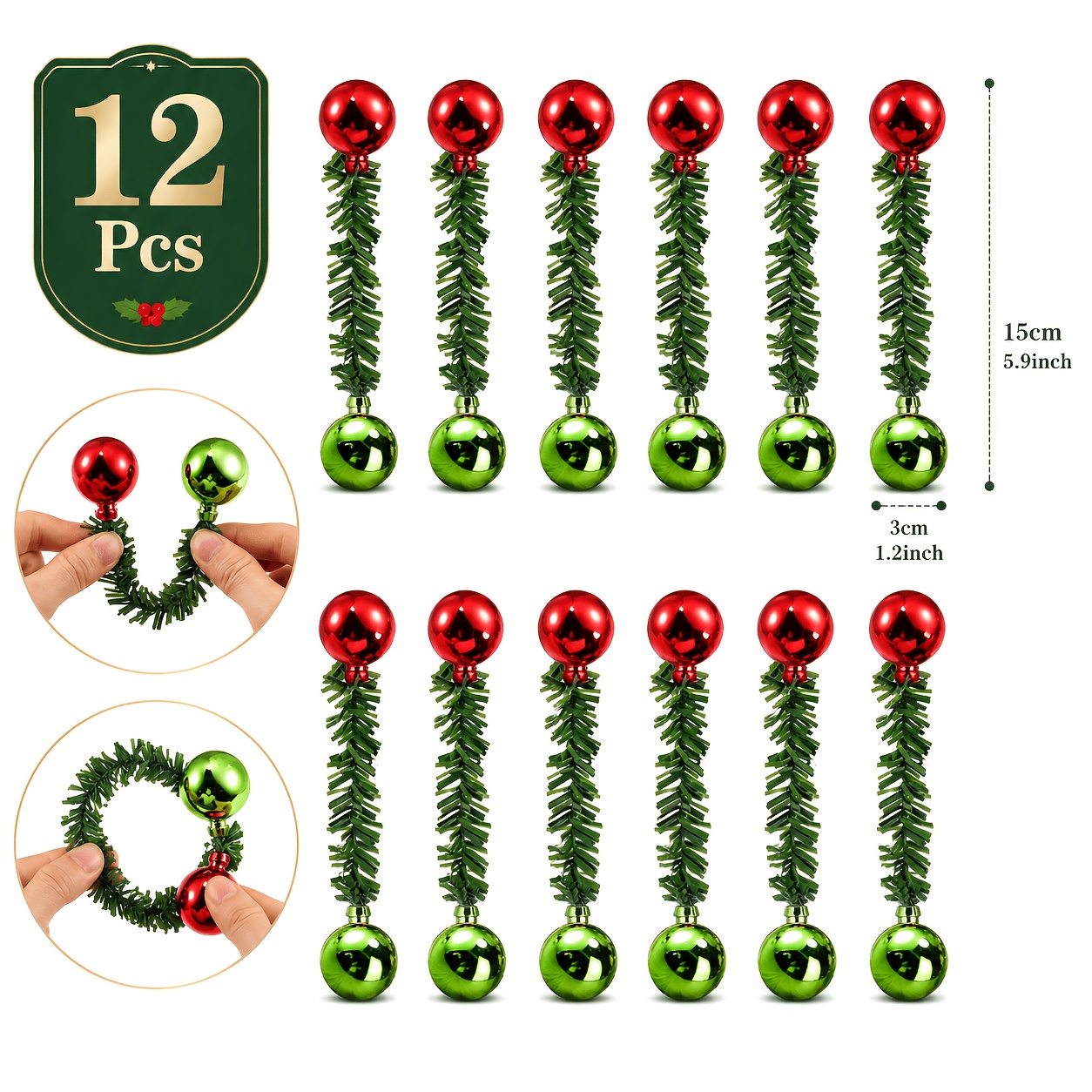 TEMU Lot de 12 attaches torsadées à aiguilles de pin artificielles rouges et (adaptées pour Noël) - Pinces à guirlande en plastique réutilisables et