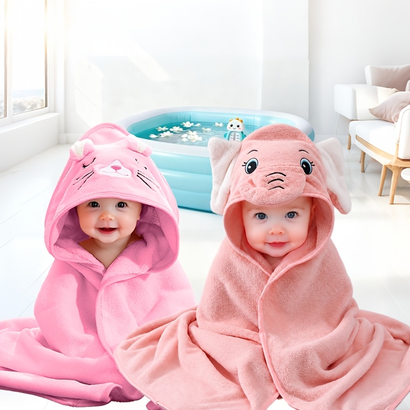 Image of 2pcs Hooded Bath Towel, Coral Fleece Poncho With Animal Design, Ultra Soft, Absorbent, For Baby Bathing, Swimming, Quick Dry, Portable, Gift For Children