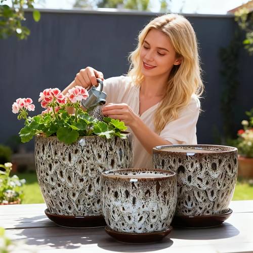 2026 new kiln transformed snowflake glaze flower pot handmade high temperature ceramic pot with saucer premium planter for courtyard tabletop container for succulents flowers