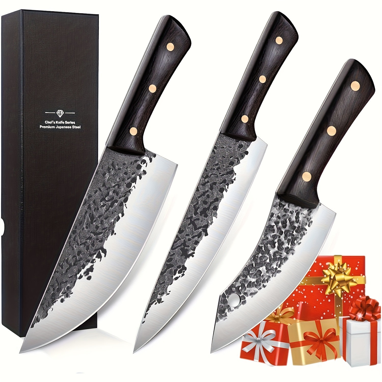 TEMU 3pcs Kitchen Knife Set, Hand Chef Knife Set Professional, Butcher Knife Set, Camping Cooking Knife Set, Kitchen Chef Knife Set For Home, Outdoor