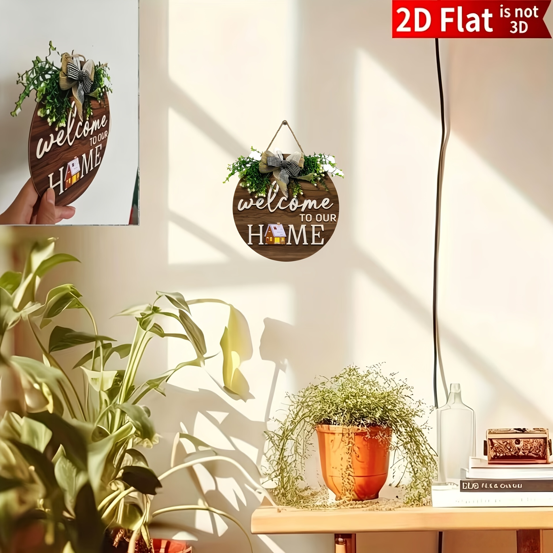 Image of 2d Flat, Welcome To , Door Sign Hanging Ornament, Christmas Decor, Wooden Round Wall Hanging Plaque, Living Room Hanging Accessory No Power Required