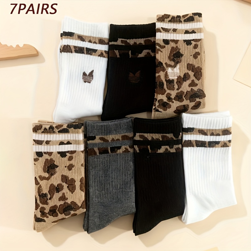 E-shop 7 Paar Crew-Socken – Unisex-Sportsocken mit Leopardenmuster zwei Streifen