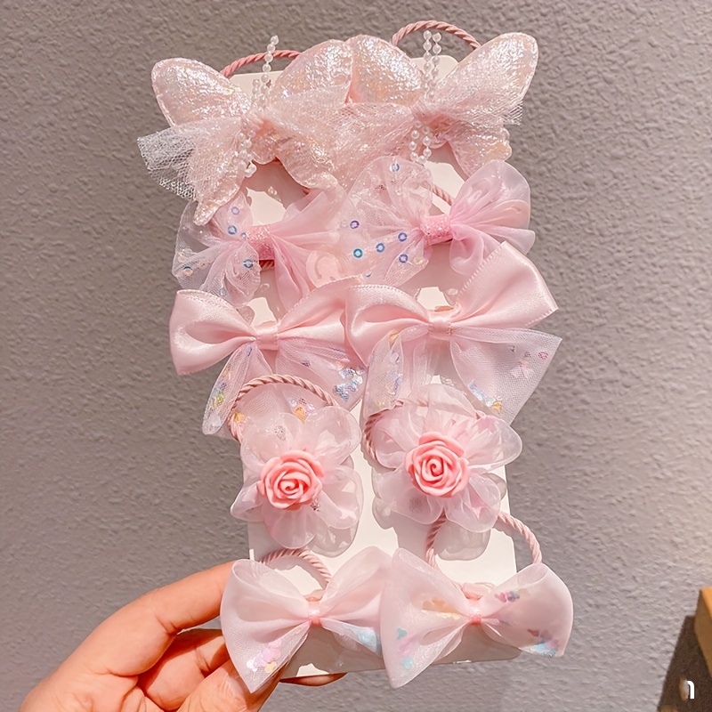 A Set Of 10 Colorful Flower Bow Hair Ties For, Featuring High Elasticity And Durable Rubber Bands
