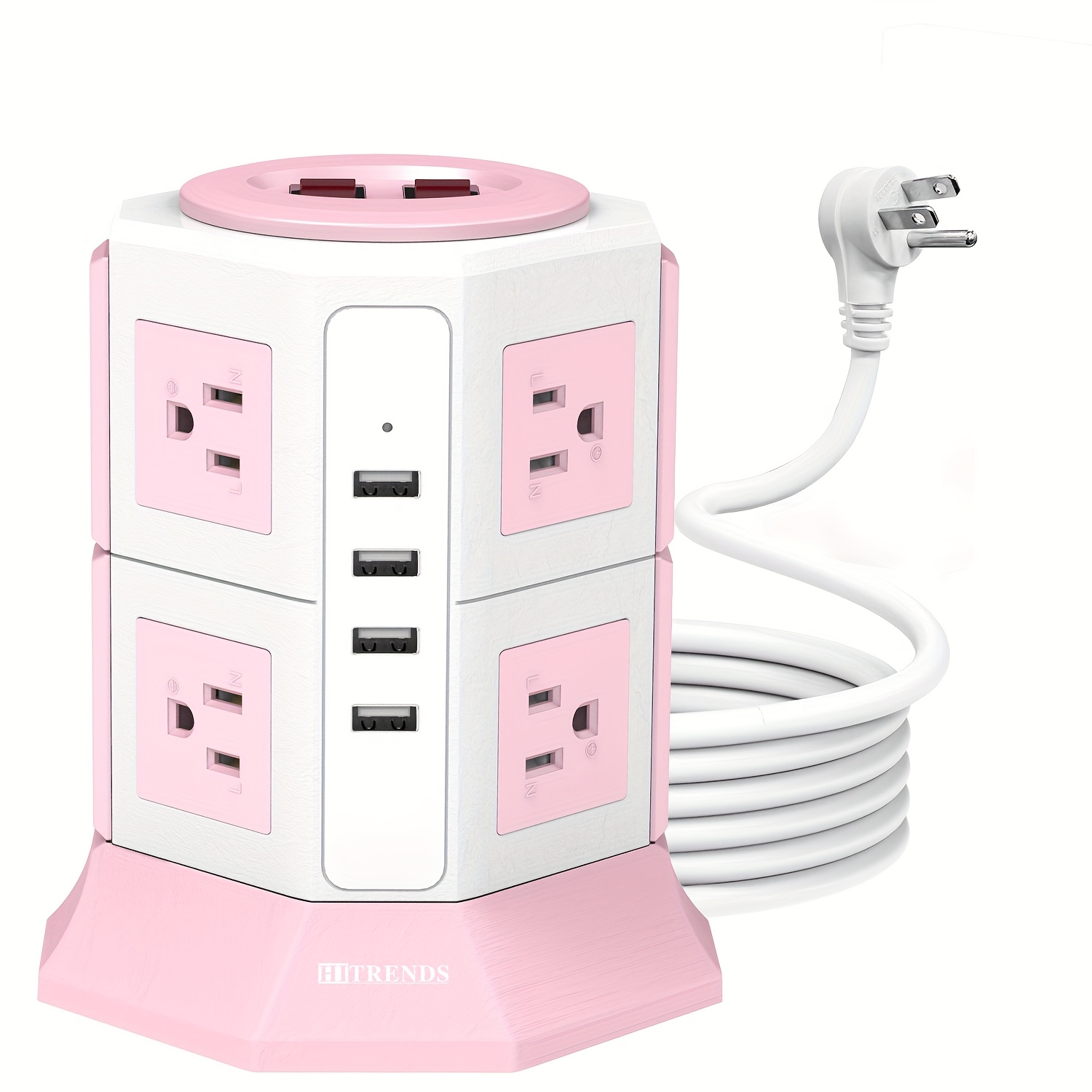 Tower Surge Protector with 10 AC Outlets and 4 USB Ports (5V/4.2A), 10A 1050Joules, 78.74inch Extension Cord, Suitable for Home Bedroom Office, Pink and White