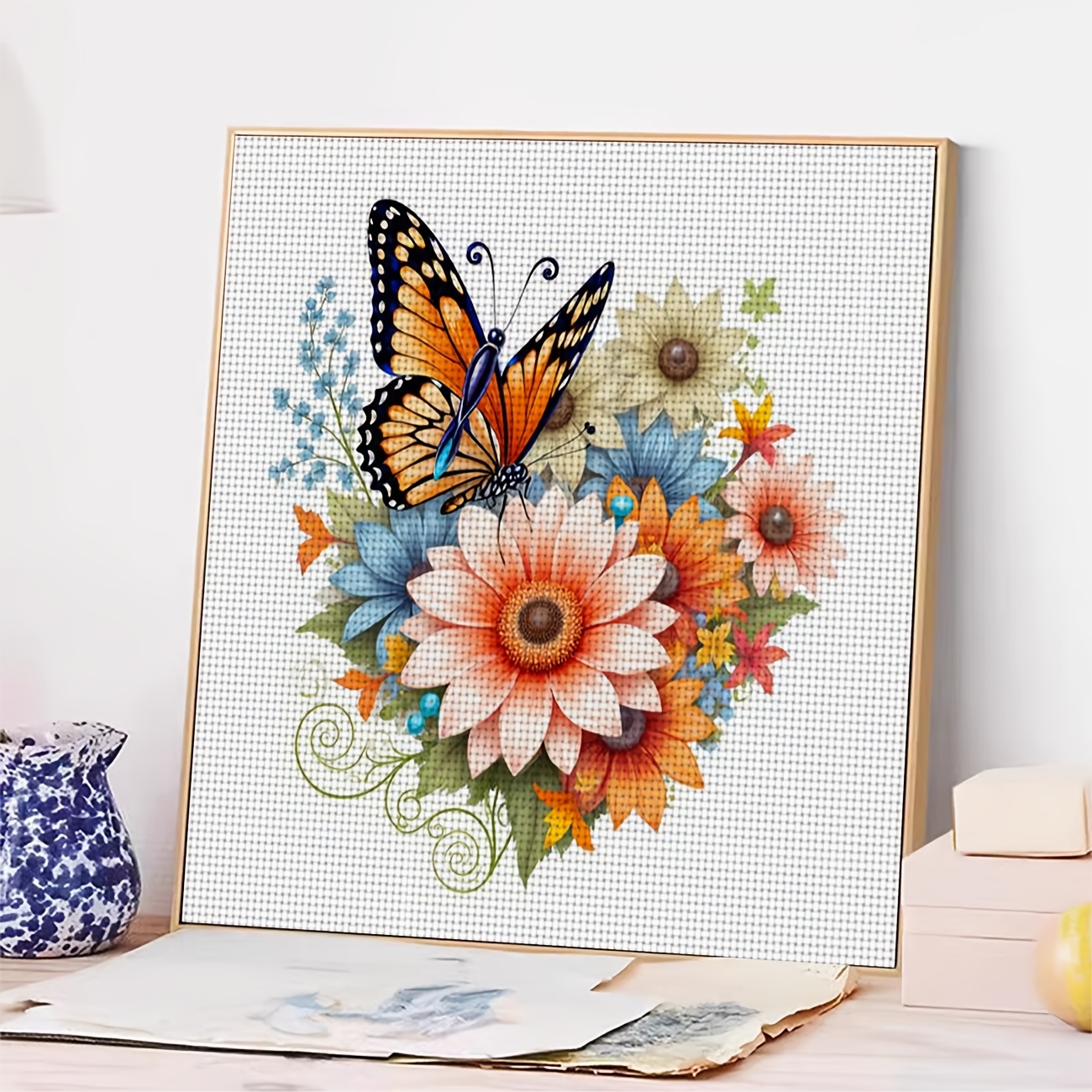 Cross Stitch Kit, Butterfly on Flowers Pattern