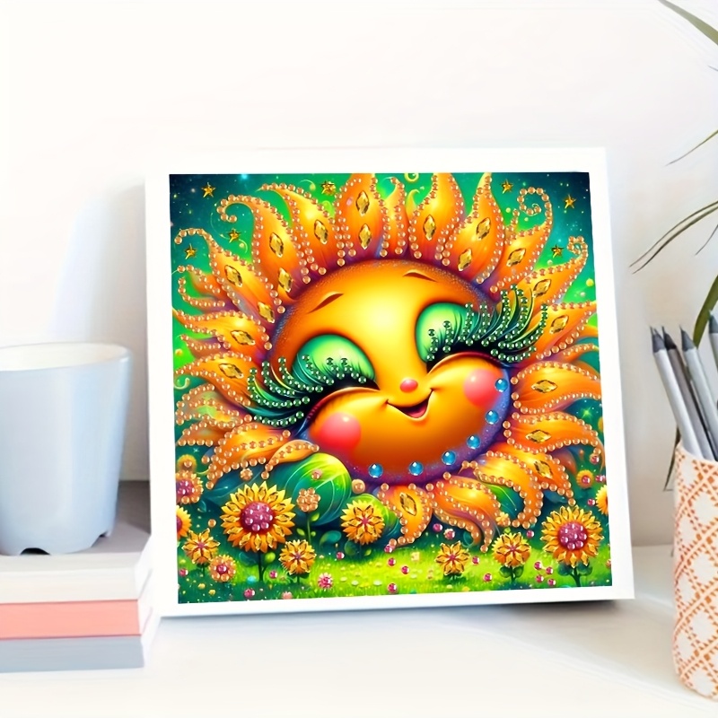 TEMU This Is A Diamond Painting Kit For Adults, Measuring 20cm By 20cm. It Features A Theme Of Creative Flowers And The Sun, Made From Crystal And