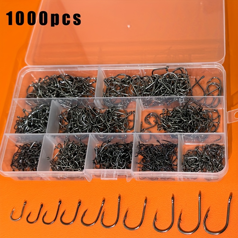 TEMU 1000pcs Premium Fishing Hooks, 10 Sizes Carbon Steel Fishing Hooks W/portable Plastic Box, Strong Sharp Fish Hook With Barbs For Freshwater/