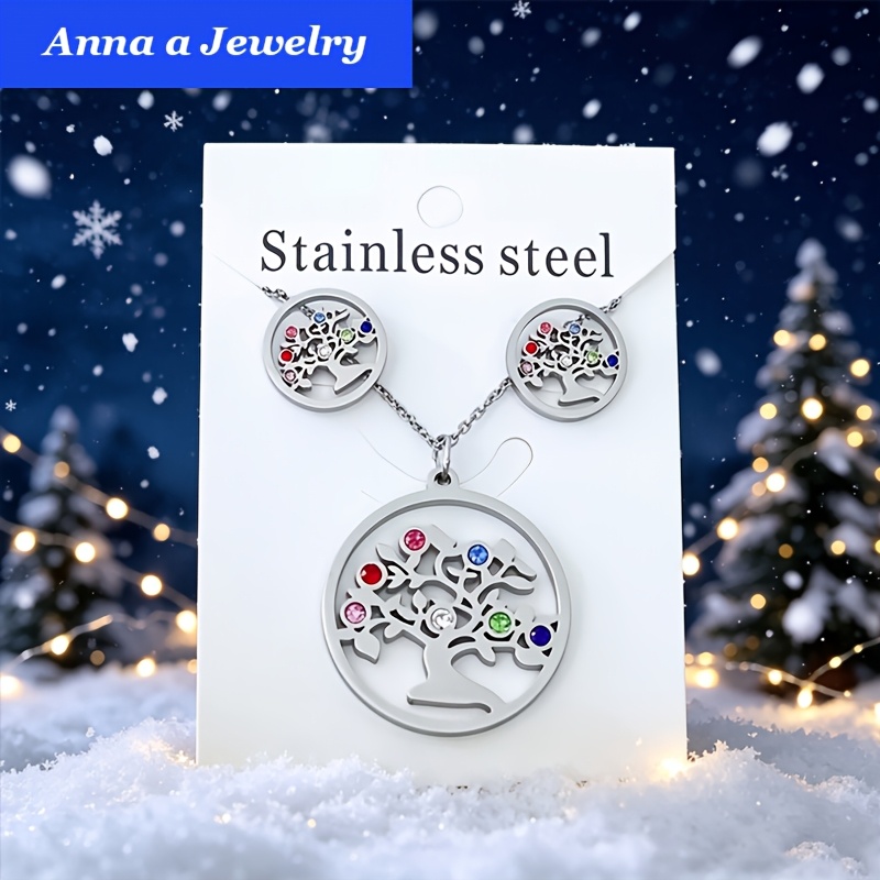TEMU Set di gioielli da donna , lusso , in acciaio inossidabile, con collana e orecchini a perno con albero della vita, set di gioielli boh矇mien