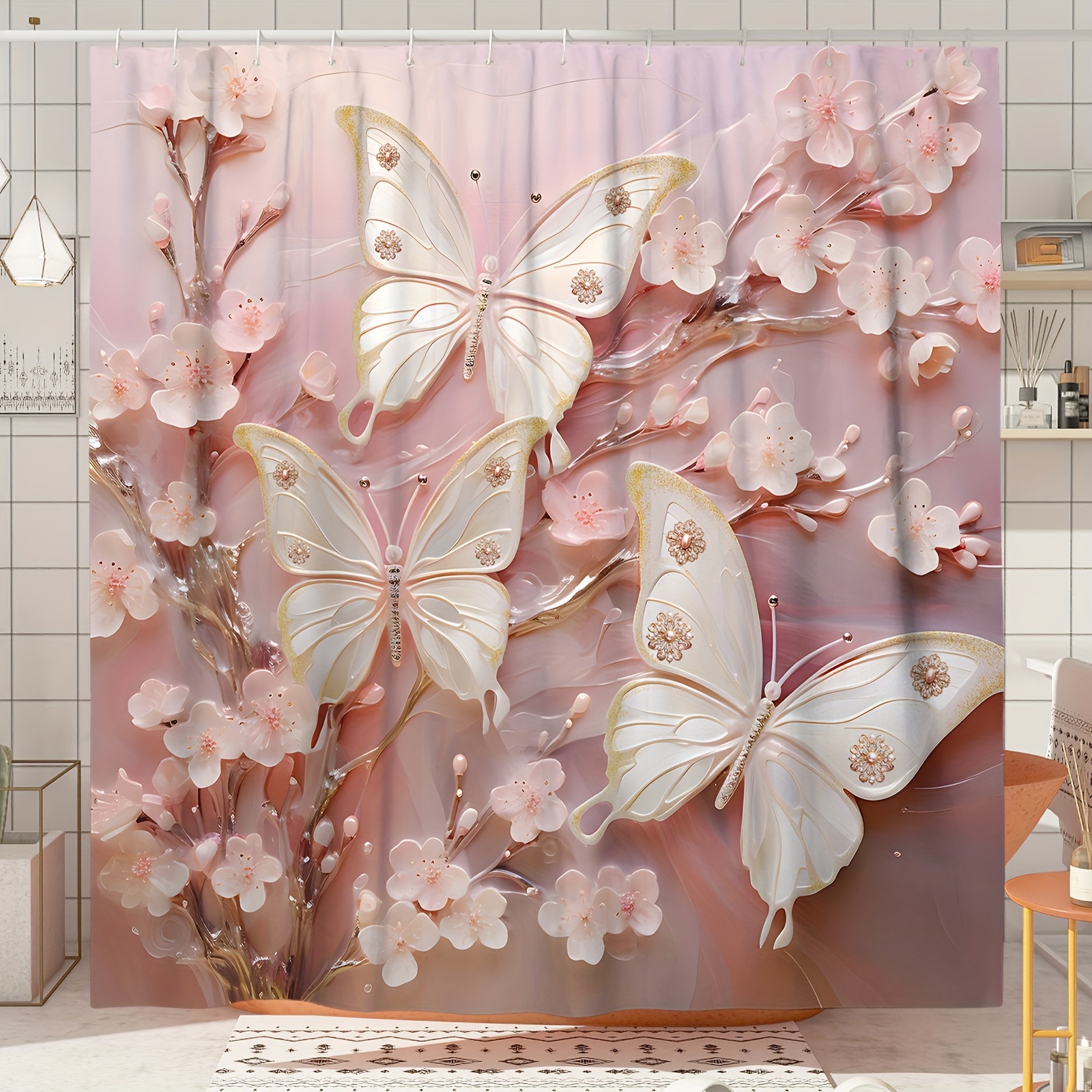 

1pc Luxury 3d Butterfly Floral Shower Curtain, Polyester, Waterproof, Machine Washable, Pink/white/gold, Includes 12 Hooks, Bathroom Decor For Home & Bathtub