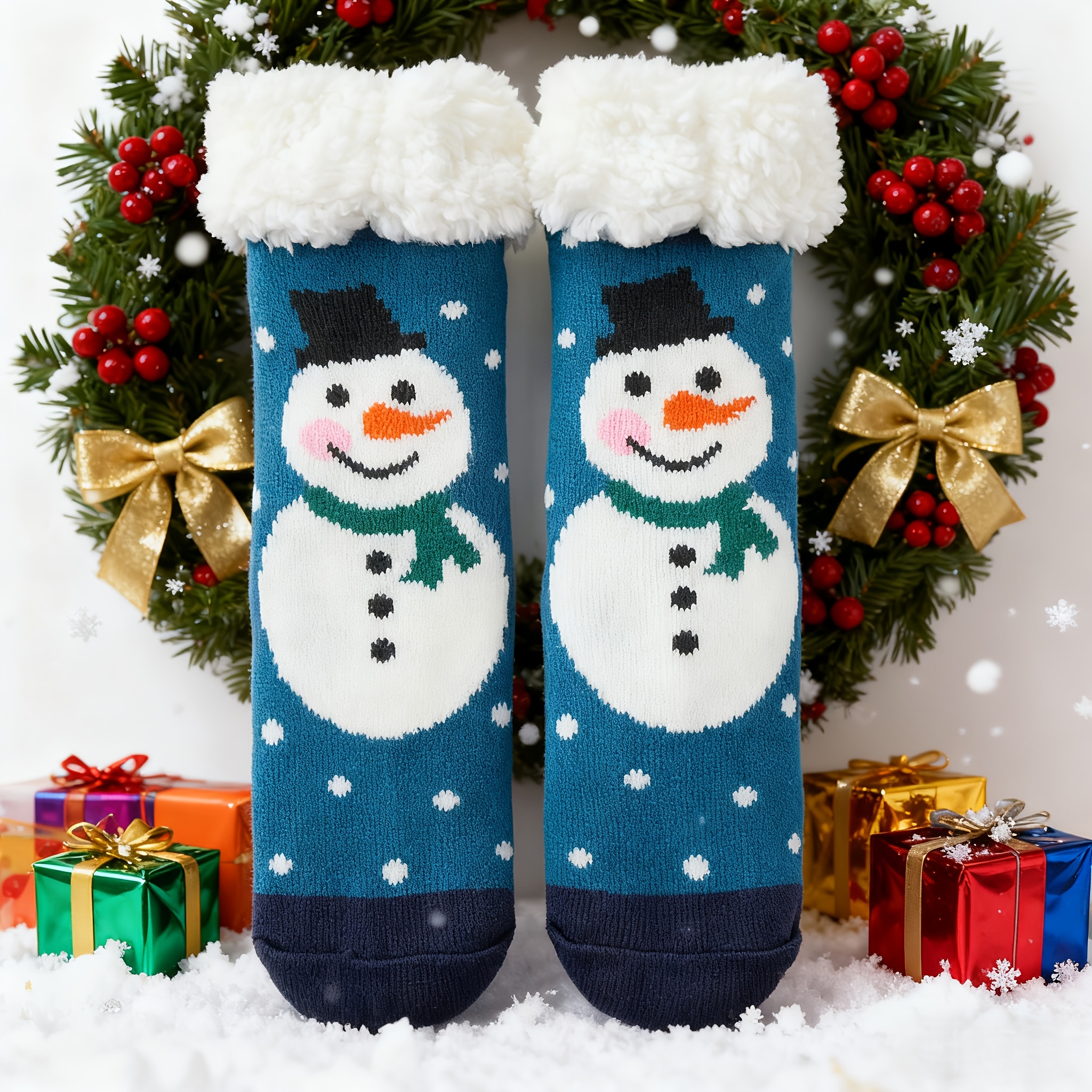 TEMU 1 Paire de Chaussettes de Noël Doublées en Chaude, Chaussettes Douces et Confortables, Chaussettes de Sol et Chaussettes pour Femmes