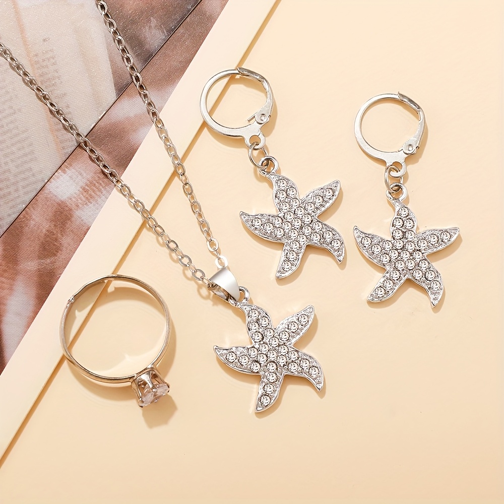 4pc Elegant Starfish Pendant Necklace Earrings Ring Set