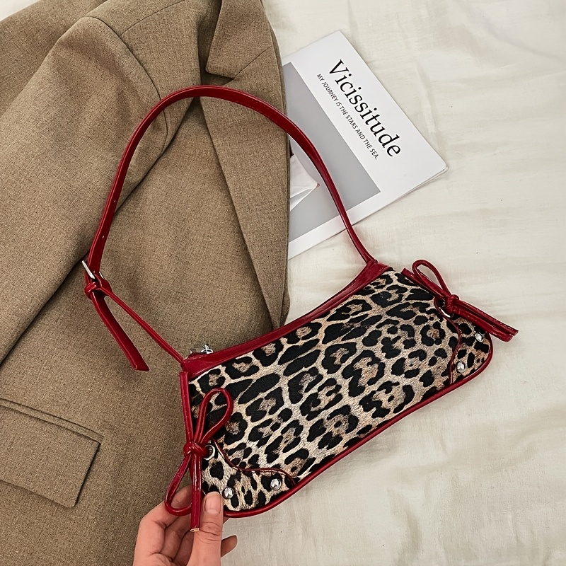 TEMU 2026 New Leopard Print Crescent Bag Wine Red Contrast Color Underarm Bag Spice Style Crossbody Shoulder Handbag