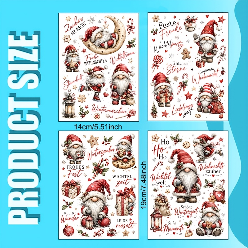 TEMU 4er-Set Deutsche Weihnachtswichtel UV-Transferfolien, mit verschiedenen Designs von Wichteln mit langen weißen Bärten roten Mützen,