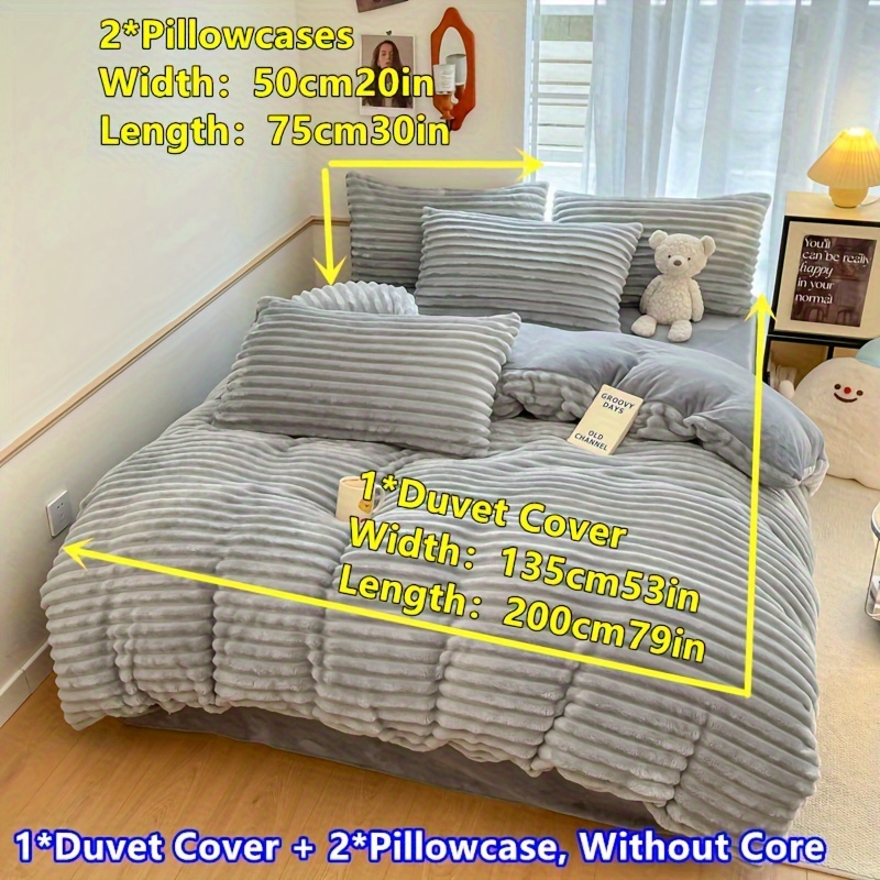 Image of 3pcs Solid Color Striped Plush Duvet Cover Set, Gray Magic Velvet Bedroom Home Set, 1 Duvet Cover + 2 Pillowcases