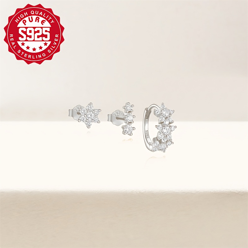 3pcs Set 925 Sterling Silver Stud Earrings with Synthetic Zirconia