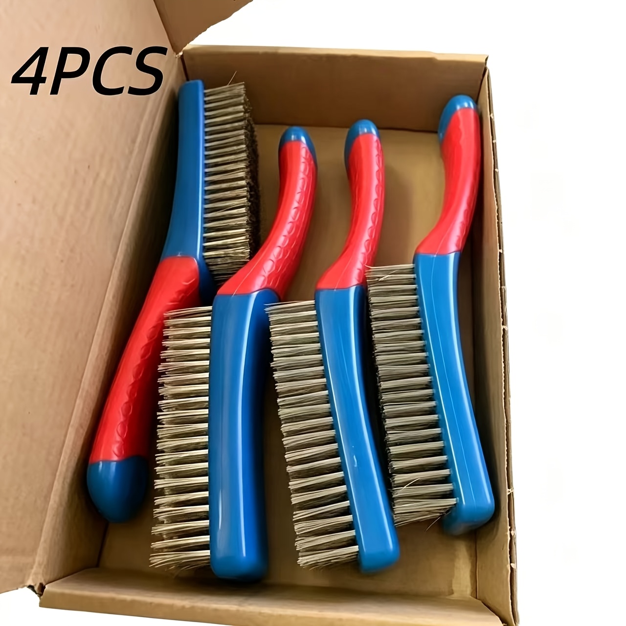 TEMU 4pcs Of Stainless Steel Cleaning Brushes - Red And Blue Silicone Handle Wire Cleaning Brushes, Suitable For Ovens, Machinery, Water Tanks, -