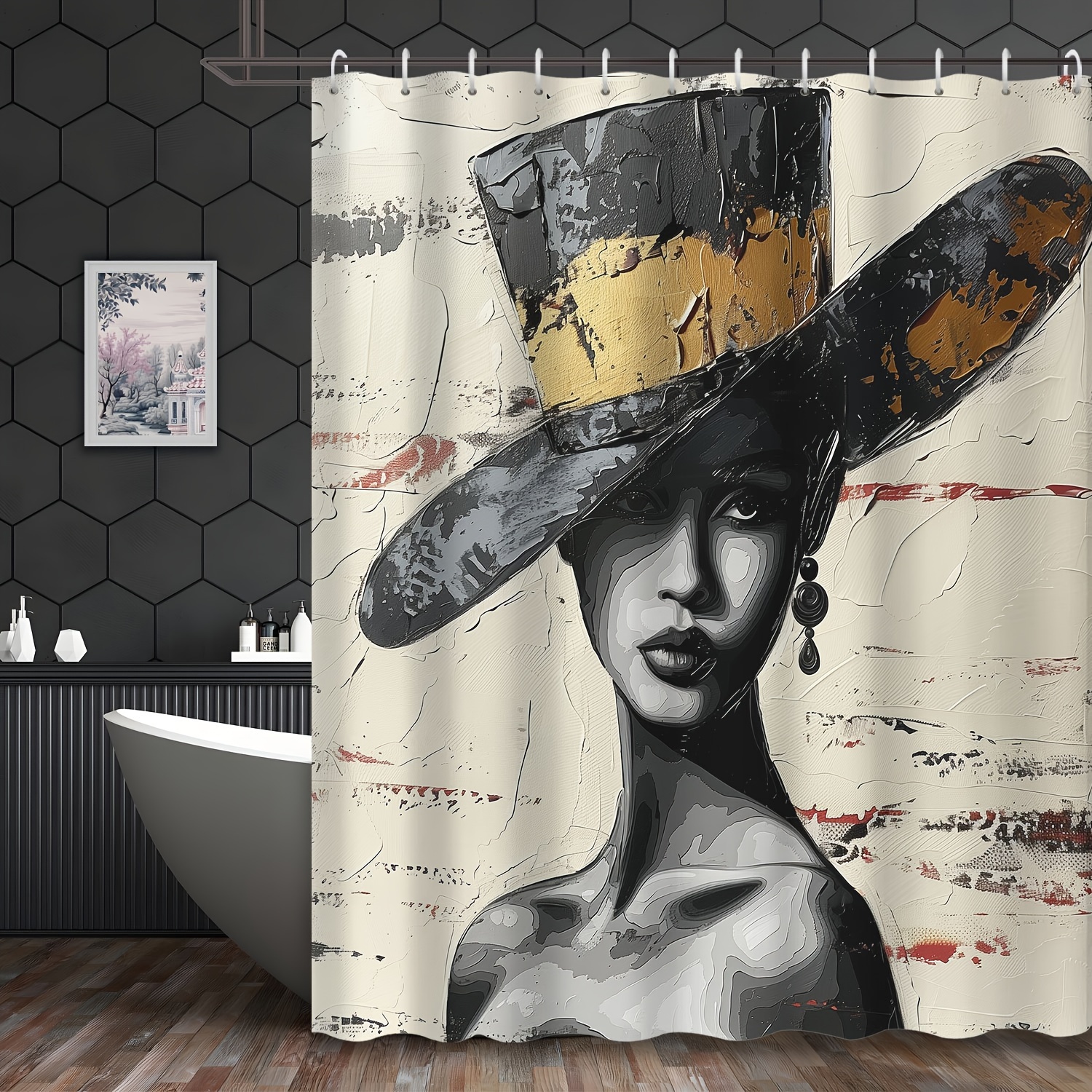 

1pc Abstract Vintage Fashion Woman Wearing Hat Painting Shower Curtain, Polyester With 12 Hooks, Waterproof For Hotel, Apartment Bathroom Decor, 72x72 Inches