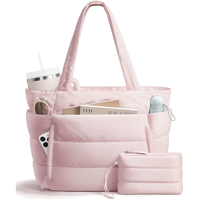 Image of 2026 New Quilted Large Capacity Tote Bag Women's Shoulder Bag Set, Multi-compartment Partition Storage Cup, Laptop , Suitable For Daily Outing, , Weekend Overnight, Travel Handbag