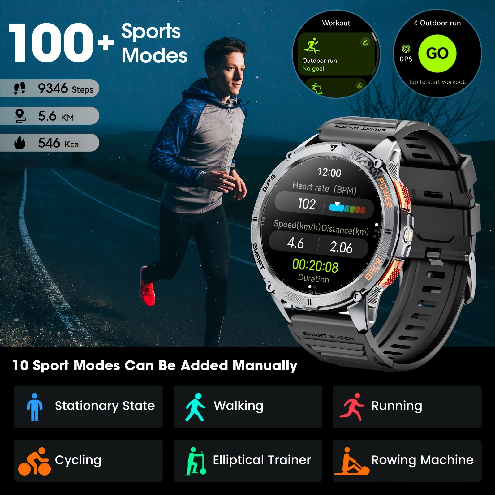 Montre connectée avec positionnement GPS réel, grande capacité de batterie, écran tactile HD AMOLED de 1.43 pouce, appel sans fil, mode sport, lampe de poche LED, montre connectée d'extérieur