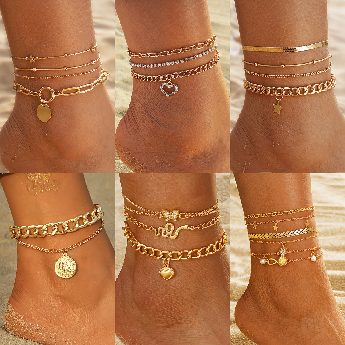 

21pcs -chic Anklet Set With Hearts, Butterflies & Stars - Golden- Vintage Metal Chains For Beach Vacations & Casual Attire - Ideal Women' Jewelry Gift