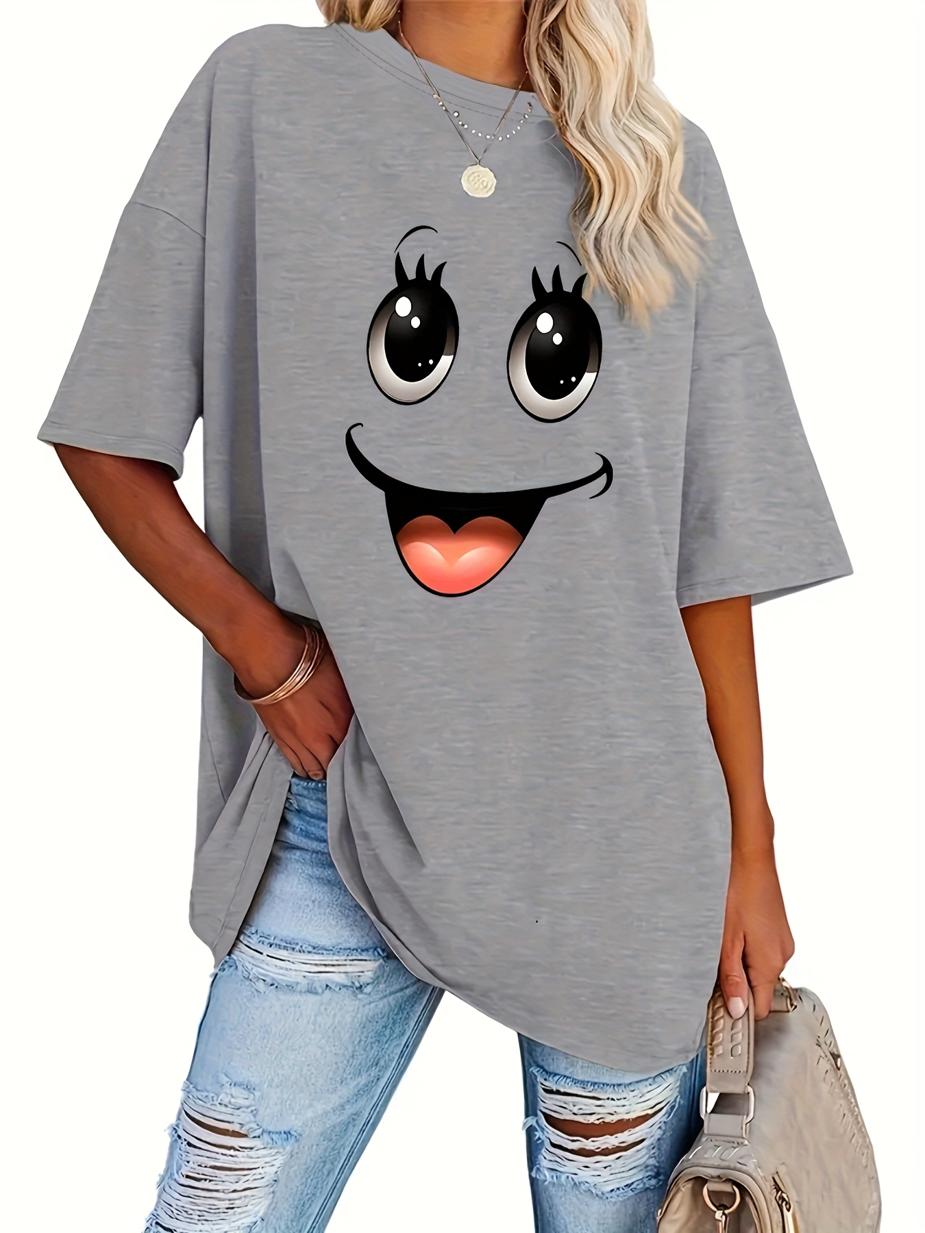 Women'S Plus Size Casual Crew Neck Short Sleeve Geometric Pattern Polyester Knit Fabric Slight Stretch Summer and Spring Tops