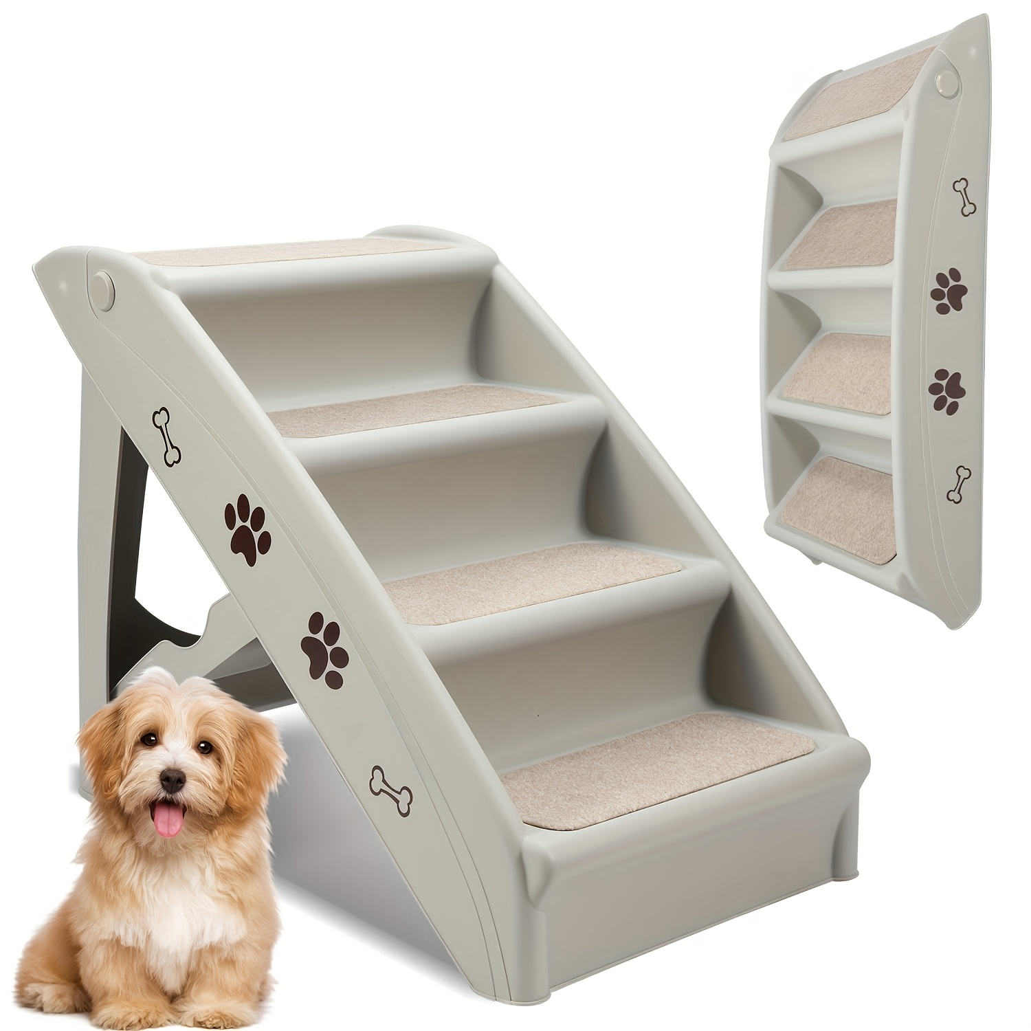 Foldable Pet Staircase, 62 X 38 X 48.5cm, 4-step Foldable Staircase For Dogs And Cats, Ramp For Dogs, Weight Capacity 75kg, Pet Staircase For Cats And Dogs With Non-slip Mats (grey)