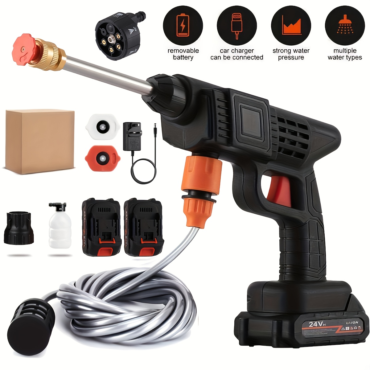 6In1 Cordless High Pressure Washer, Portable High Pressure Washer, Electric Car Wash Machine, 1500W High-Power Motor, 2 Batteries, 5M Hose, 1 Charger, Ideal for Car Washing And Yard Cleaning