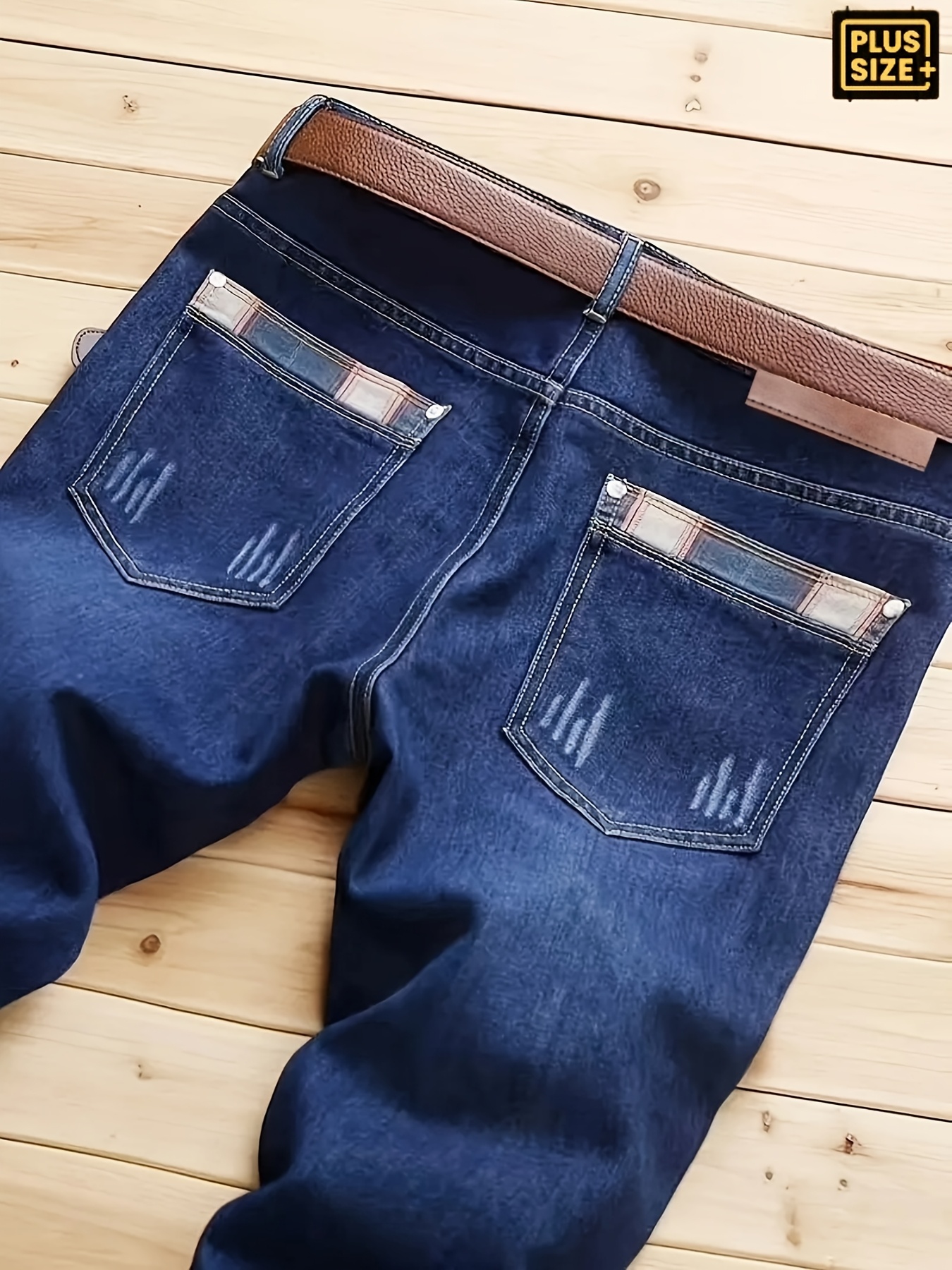 Plus Size Men's Jeans with Random Print Pocket Design, Elastic Straight-Leg Pants, Comfortable Casual Long Trousers for All Seasons, Simple and Versatile Business Style, PLUS SIZE