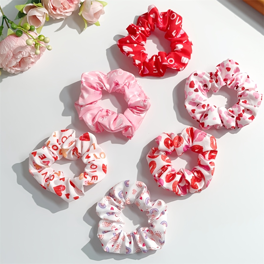 

6-pack Elegant Bohemian Fabric Hair Scrunchies Set, Heart & Lip Love Print, High Hair Ties For Ponytail & Bun, Valentine's Day Gift, Party Favors, And Daily Hairstyling Accessories