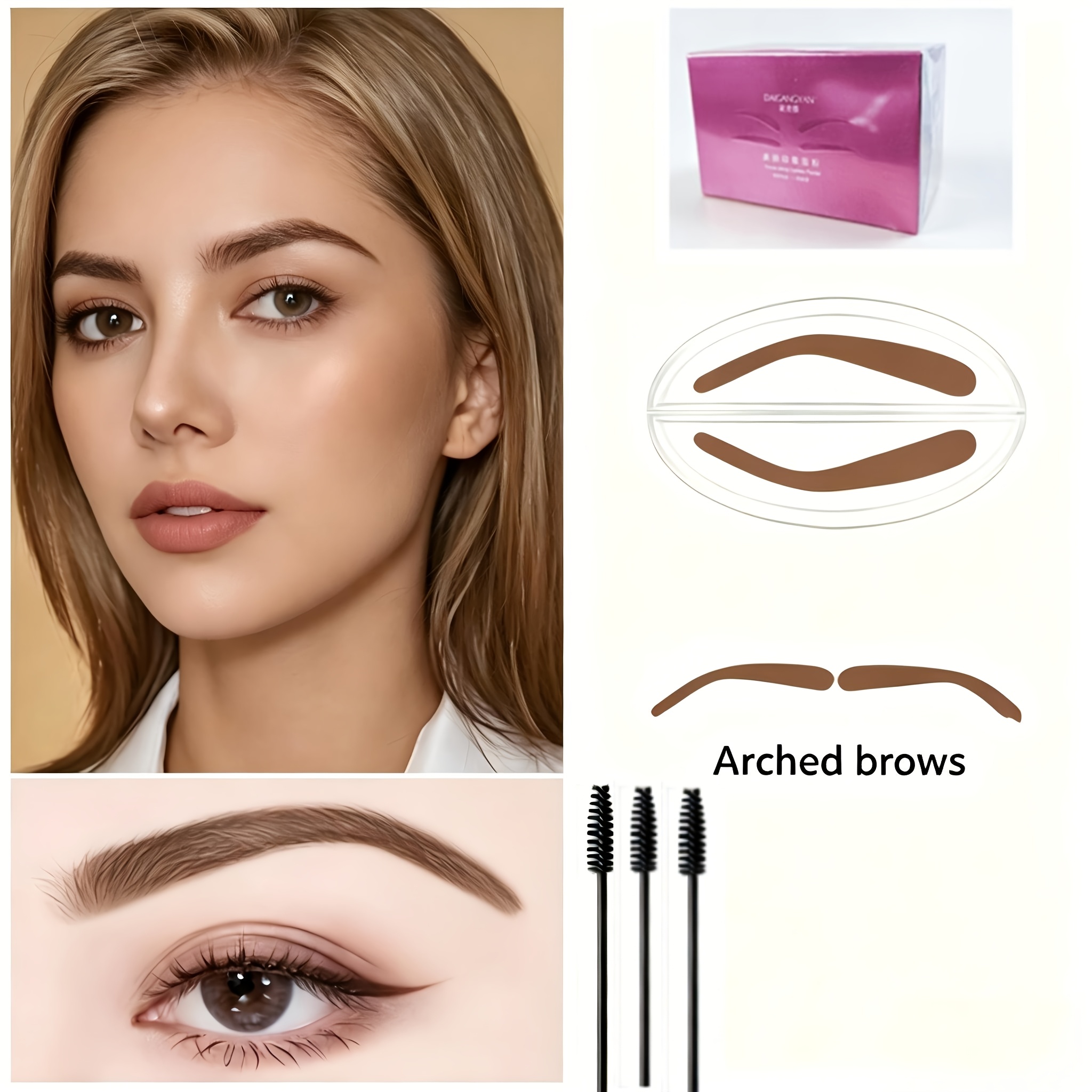 TEMU Stamp-style Eyebrow Shaper, Lazy Stamp For Eyebrow Tool, 3 Styles Of Eyebrows, Includes 3pcs Eyebrow Brushes, Beginner Lazy Eyebrow Stamp, Press