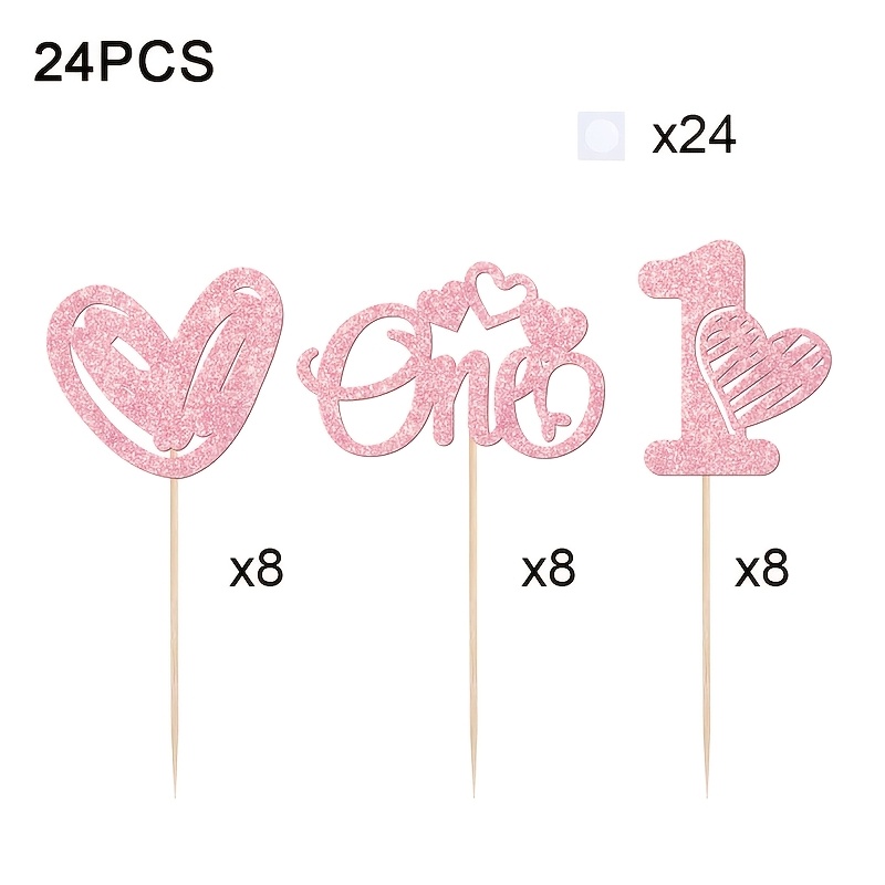 Image of 24 Pink Heart-shaped Cupcake Toppers, Sweet Pink Theme Hearts, 1 Cake Decoration, Suitable For Valentine's Day Themed Bridal Gift Parties And Wedding Birthday Cake Decorations, Halloween, Christmas