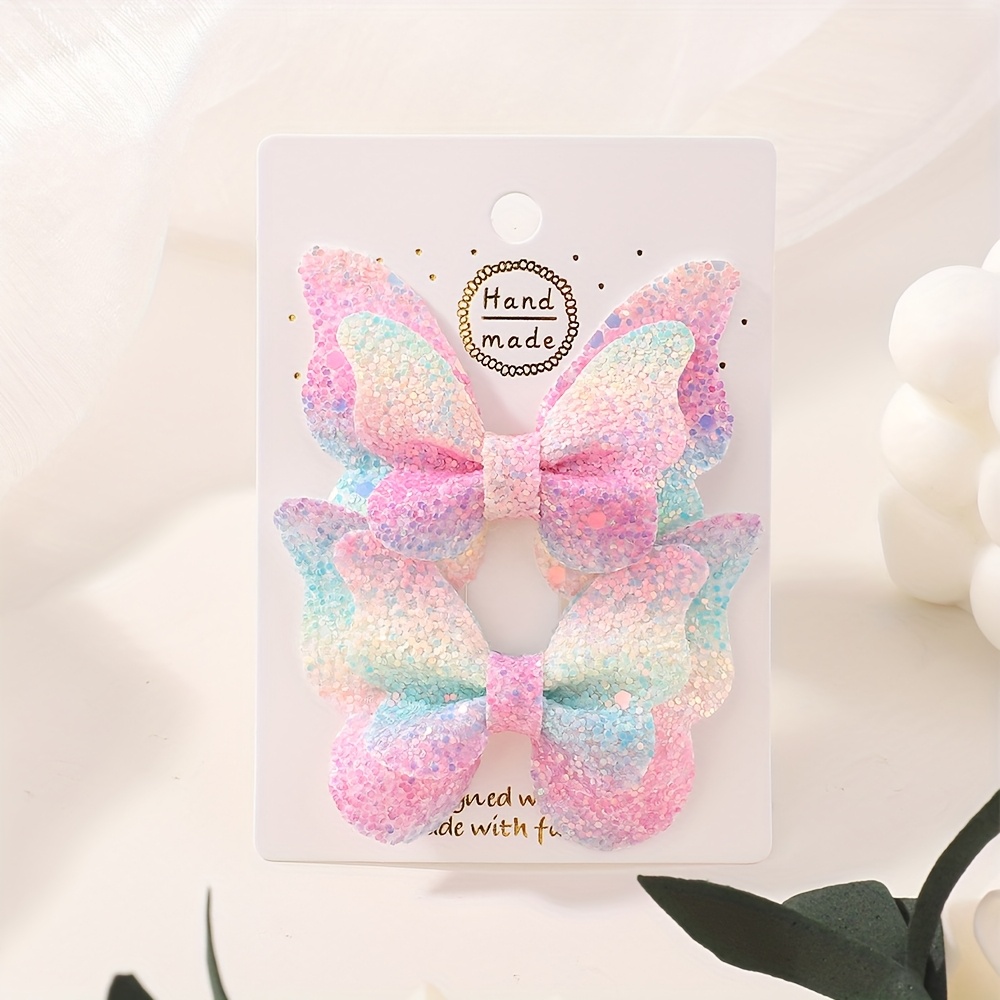 2pcs Sparkly Glitter Gradient Hair Clips - Elegant Pastel Bow Barrettes For Girls, Perfect For Daily Wear & Special Occasions, Polyester Material, Preppy Style, Accessory, Cute Hair Accessories