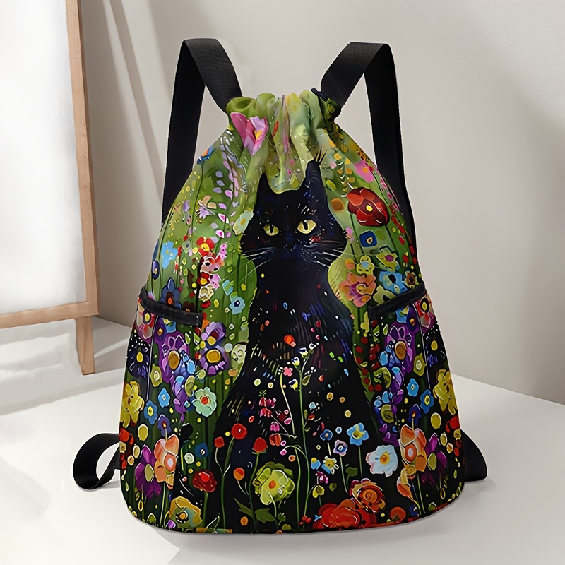 E-shop Rucksack mit Kordelzug buntem Blüten- schwarzer Katzen-Muster-Druck – Strapazierfähige Fitness-Tasche mit großem Fassungsvermögen verstellbarem