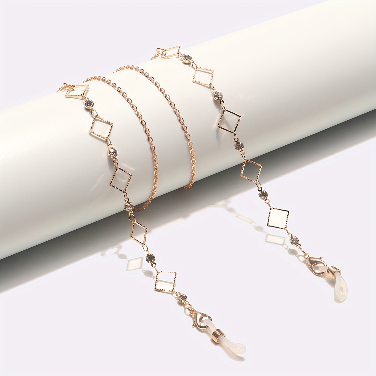 Image of Trendy And Minimalist Square Hollow Transparent Rhinestone Handmade Mask Chain, Metal Glasses Chain