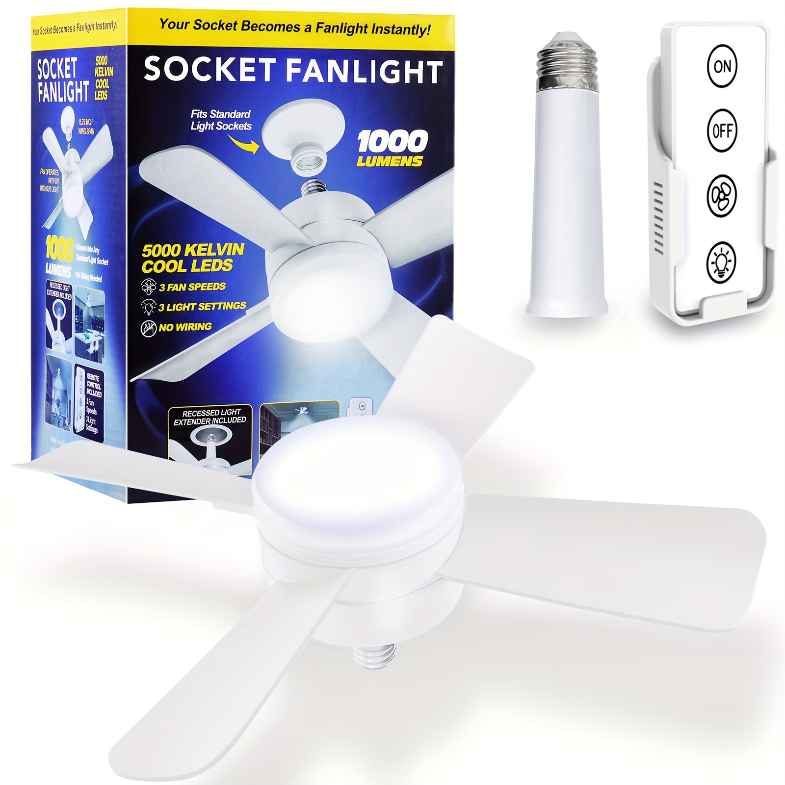 

Socket Fan With Lights And Remote, Ceiling Fans With Lights And Remote, Easy Install Ceiling Fan Replacement For Light Bulb/ceiling Fan For Bedroom, Kitchen, Living Room, 1000 Lumens