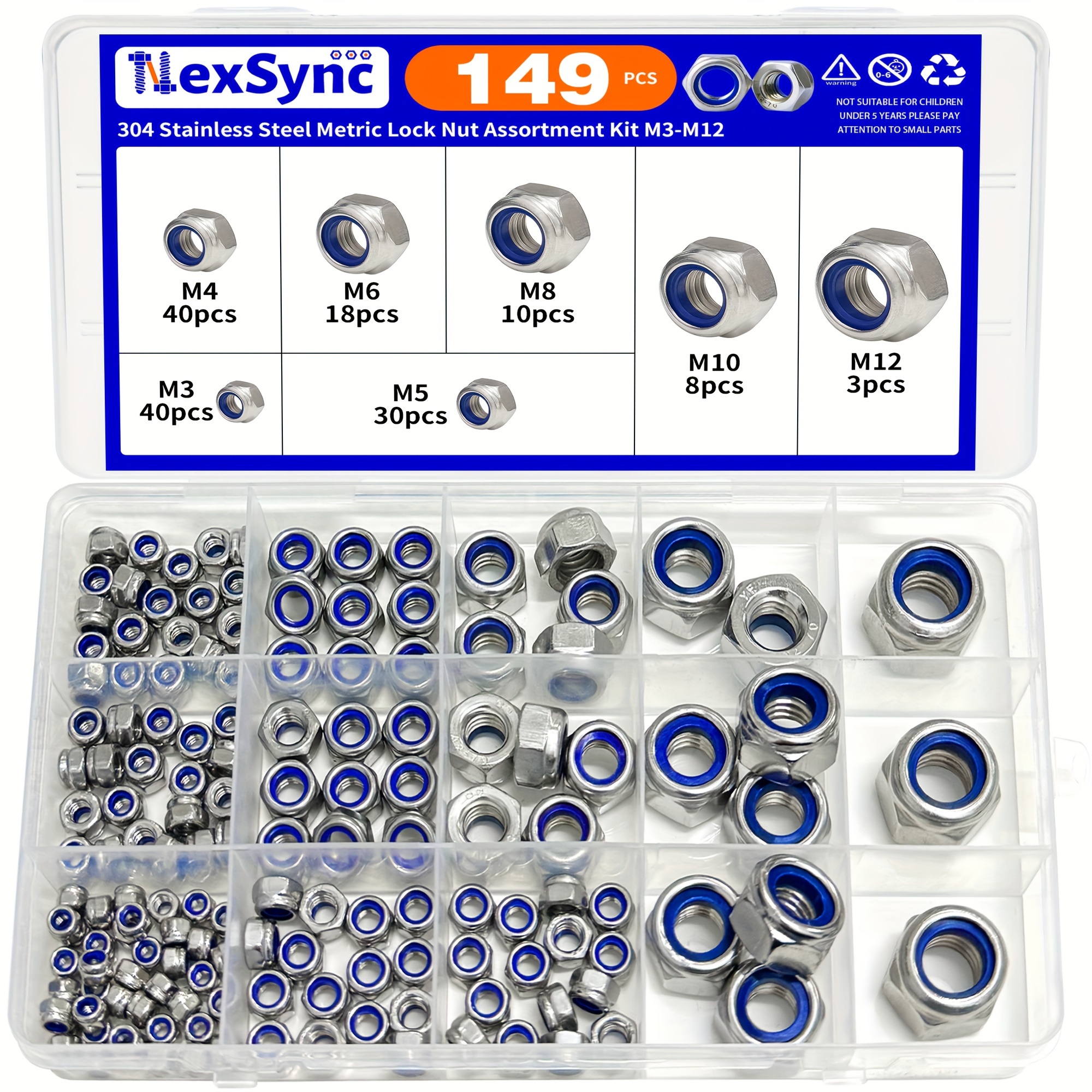 

149pcs Metric Nylon Insert Lock Nut Assortment Kit, M3-m12 Sizes, 304 Stainless Steel, Professional Grade Hex Lock Nuts For Bolts, Diy Projects & Machinery Maintenance