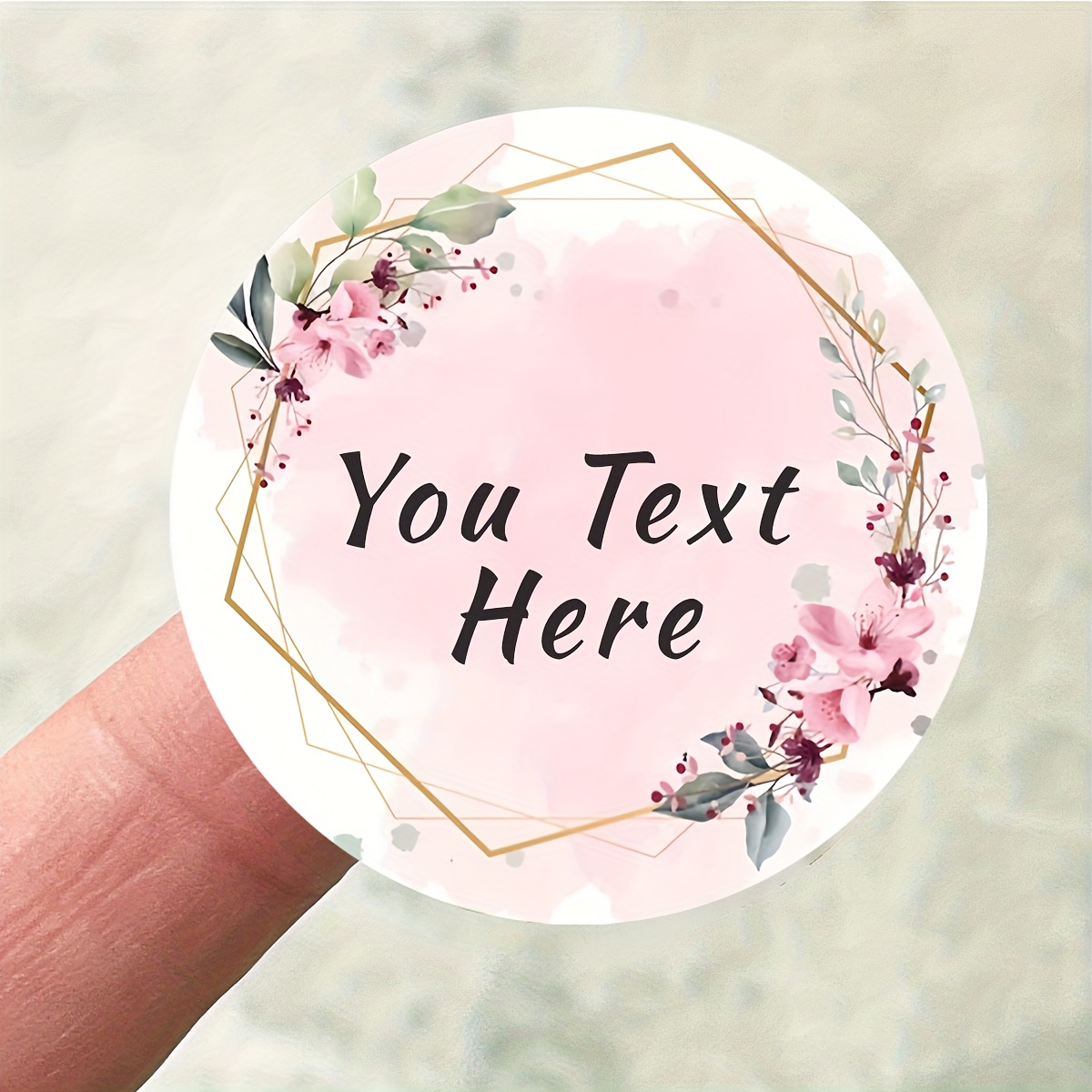 TEMU Personalized Custom Stickers, Featuring Pink Flowers And Polygonal Patterns, Suitable For Weddings, Birthdays, Celebrations, And Expressing