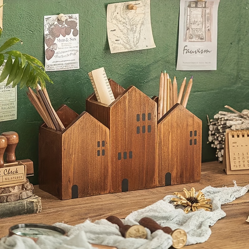Image of 3pcs Wooden House Pen Holder Organizer - Solid Pine Wood Desktop Storage For Pens, Brushes & Makeup Brushes - Vintage Home Office Decor, Unique Gift Idea, Holder For Desk, Artistic Brush Holder